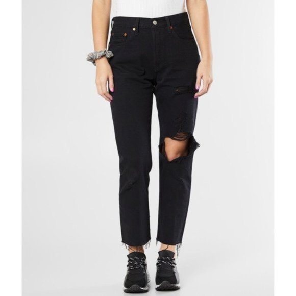 Levi's Denim - Levi's Black 501 Original Cropped Ripped Jeans 29
